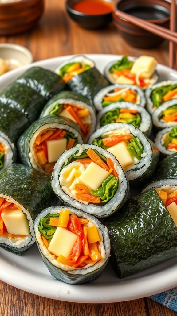 Delicious Cheese Kimbap Recipe Colorful cheese kimbap rolls with vegetables and cheese on a platter.